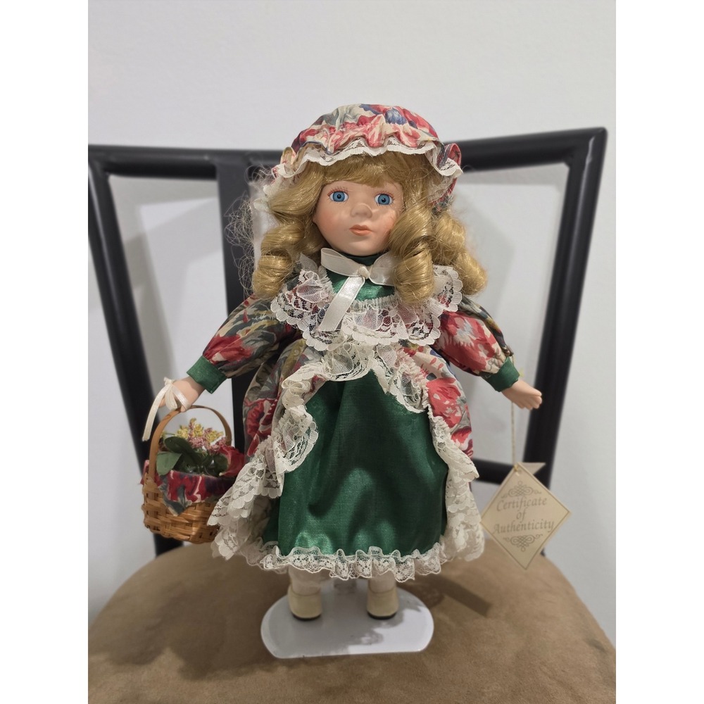 Vintage Porcelain Collector Doll COA Green Floral Dress